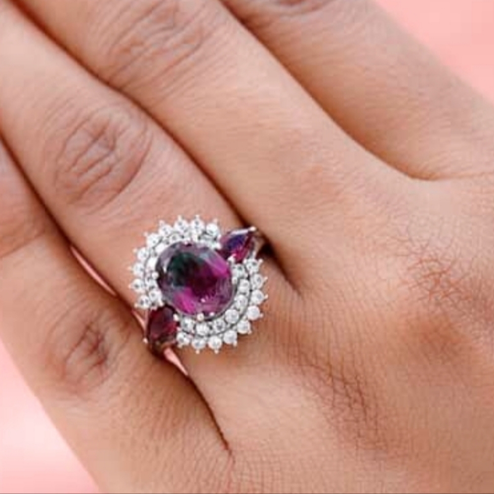 Genuine Watermelon Quartz & Multi Gemstone Ring Platinum over 925 Sz 6! - Picture 9 of 13